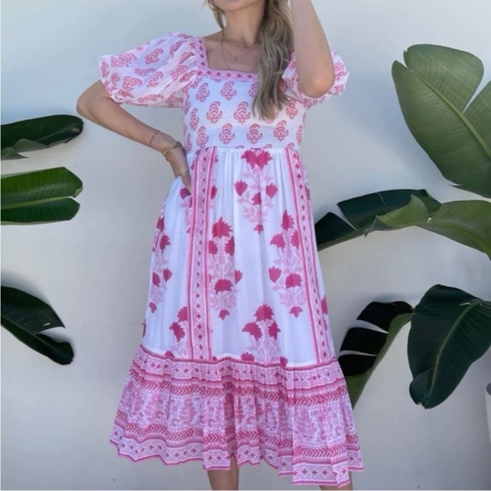 Tuckernuck Oliphant Puff Sleeve Midi Dress in Jaipur Pink & White NWT Size XS - Picture 1 of 14